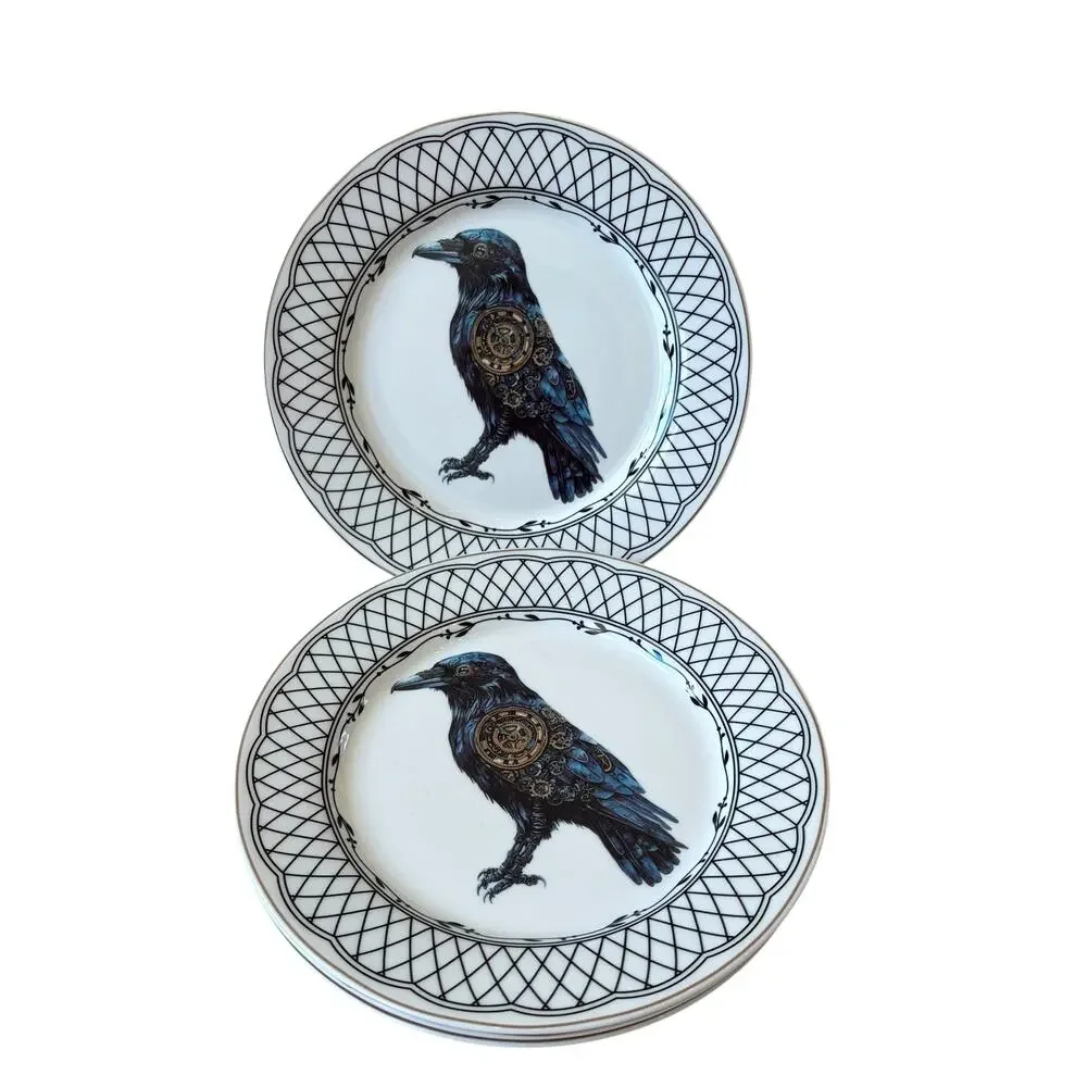 Grace Teaware RAVEN TRELLIS Ceramic Halloween Plates 8in Ceramic Set of 4 NEW